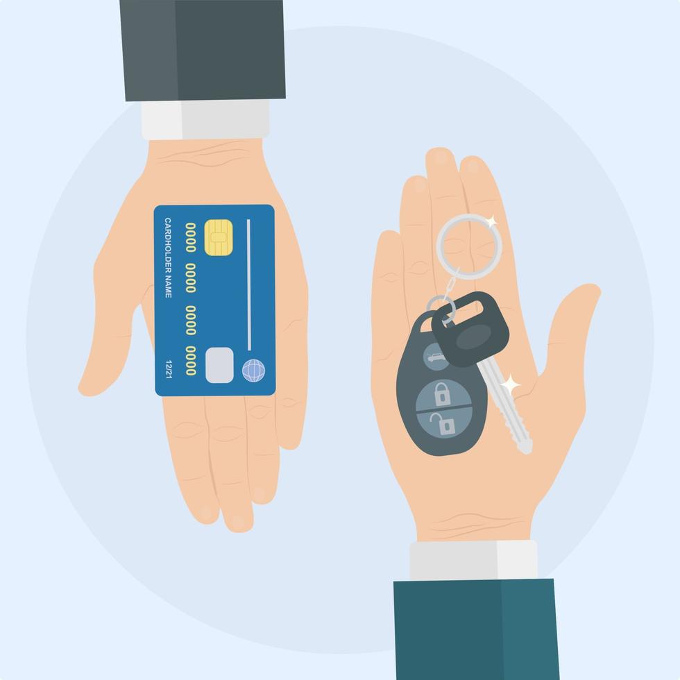 Buy or rent a car. Human hand holds auto key and credit card vector