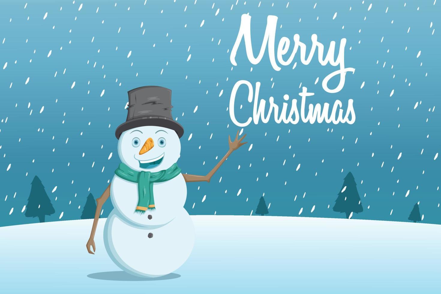 happy snowman on snow field with merry christmas text vector