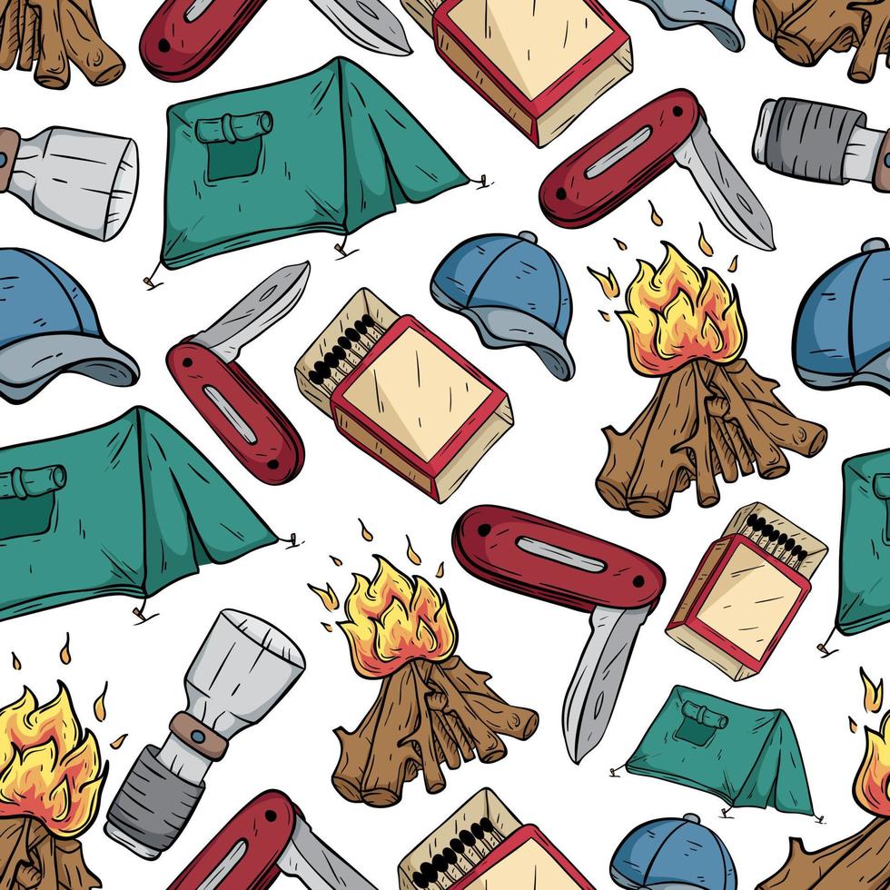 camping doodle elements in seamless pattern vector