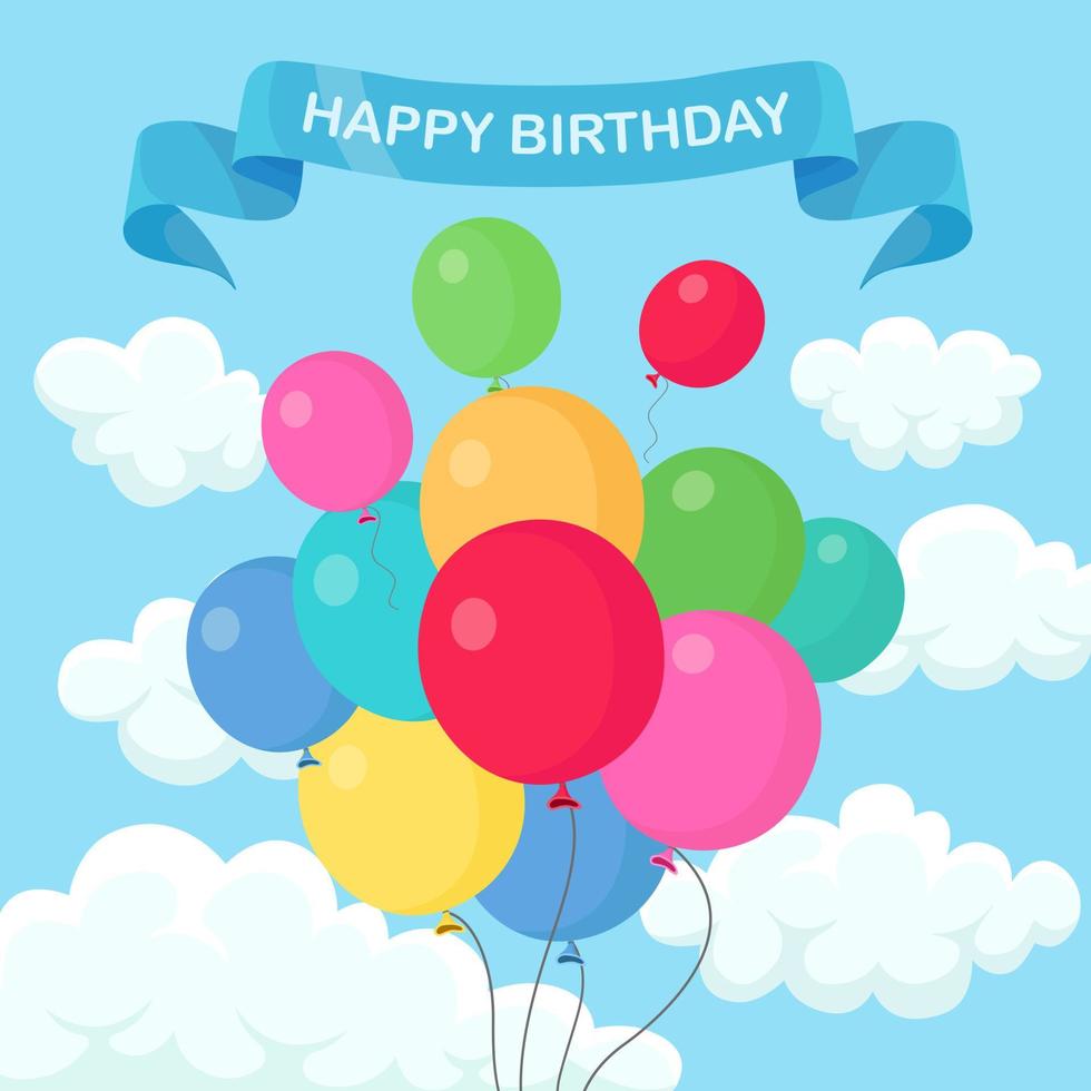 montón de globos de helio, bolas de aire volando en el cielo. feliz cumpleaños, concepto de vacaciones. decoración de fiesta diseño de dibujos animados de vectores