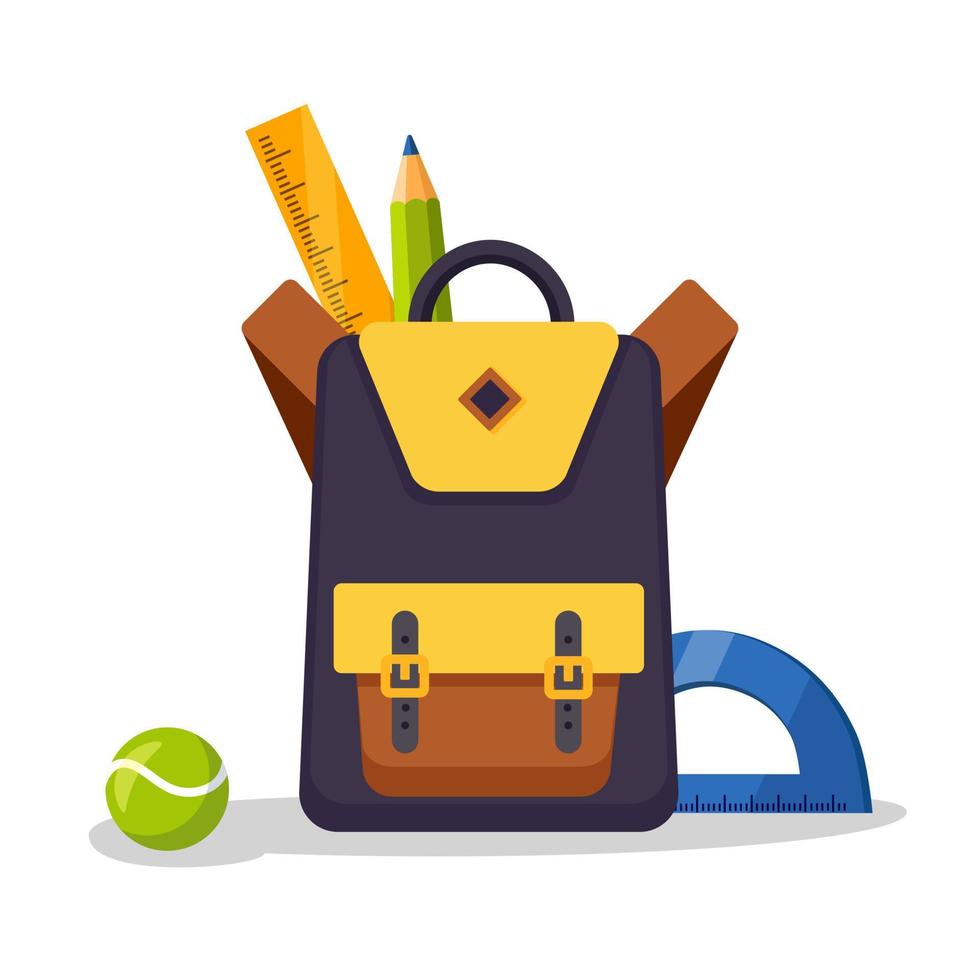 School backpack icon. Kids rucksack, knapsack isolated on white background. Bag with supplies, ruler, pencil, paper. Pupil satchel. Children education, back to school concept. Vector flat illustration