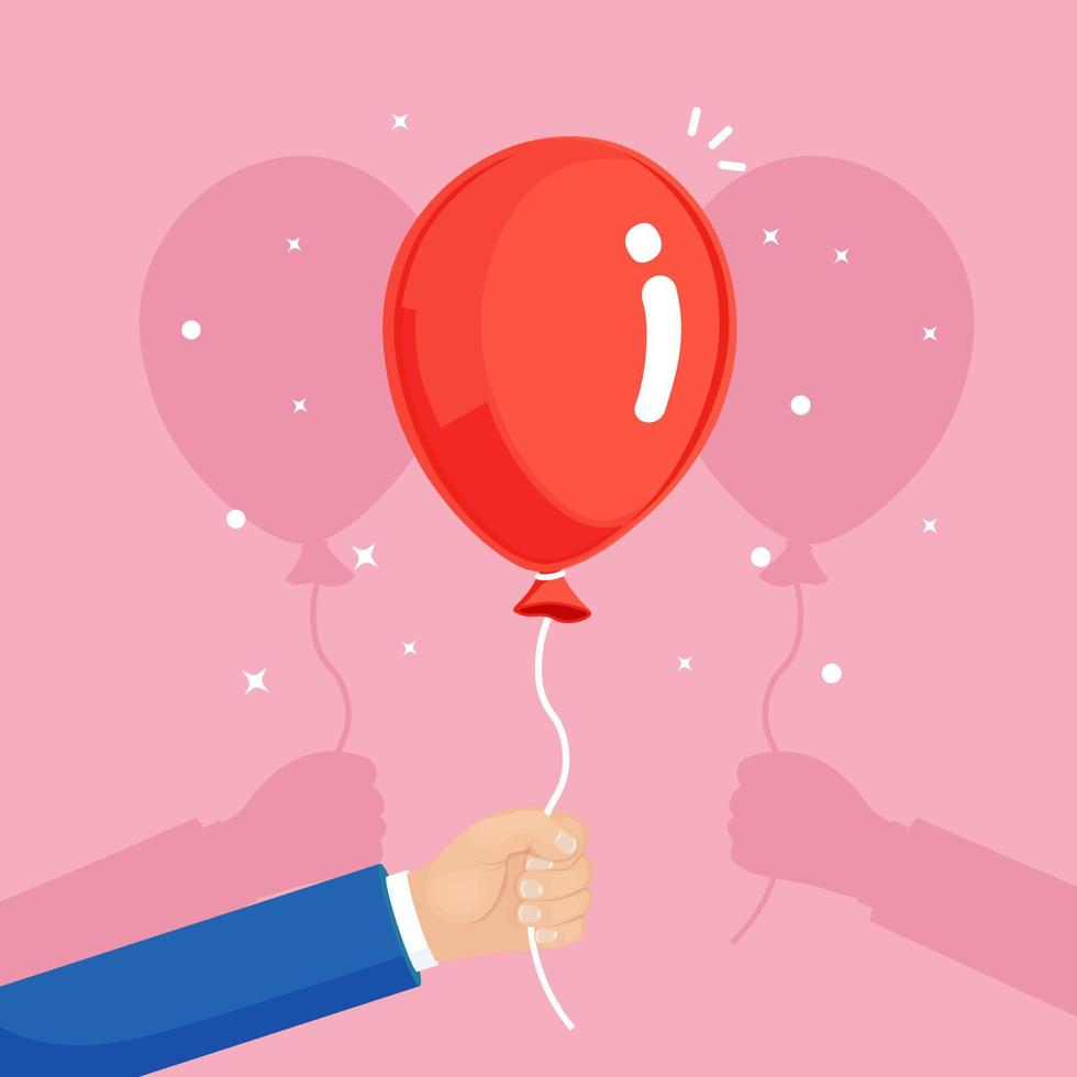 globo de helio rojo en la mano, bolas de aire voladoras aisladas en fondo blanco. feliz cumpleaños, concepto de vacaciones. decoración de fiesta diseño de dibujos animados de vectores