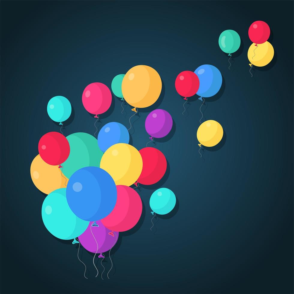 montón de globos de helio, bolas de aire voladoras aisladas en el fondo. feliz cumpleaños, concepto de vacaciones. decoración de fiesta diseño de dibujos animados de vectores