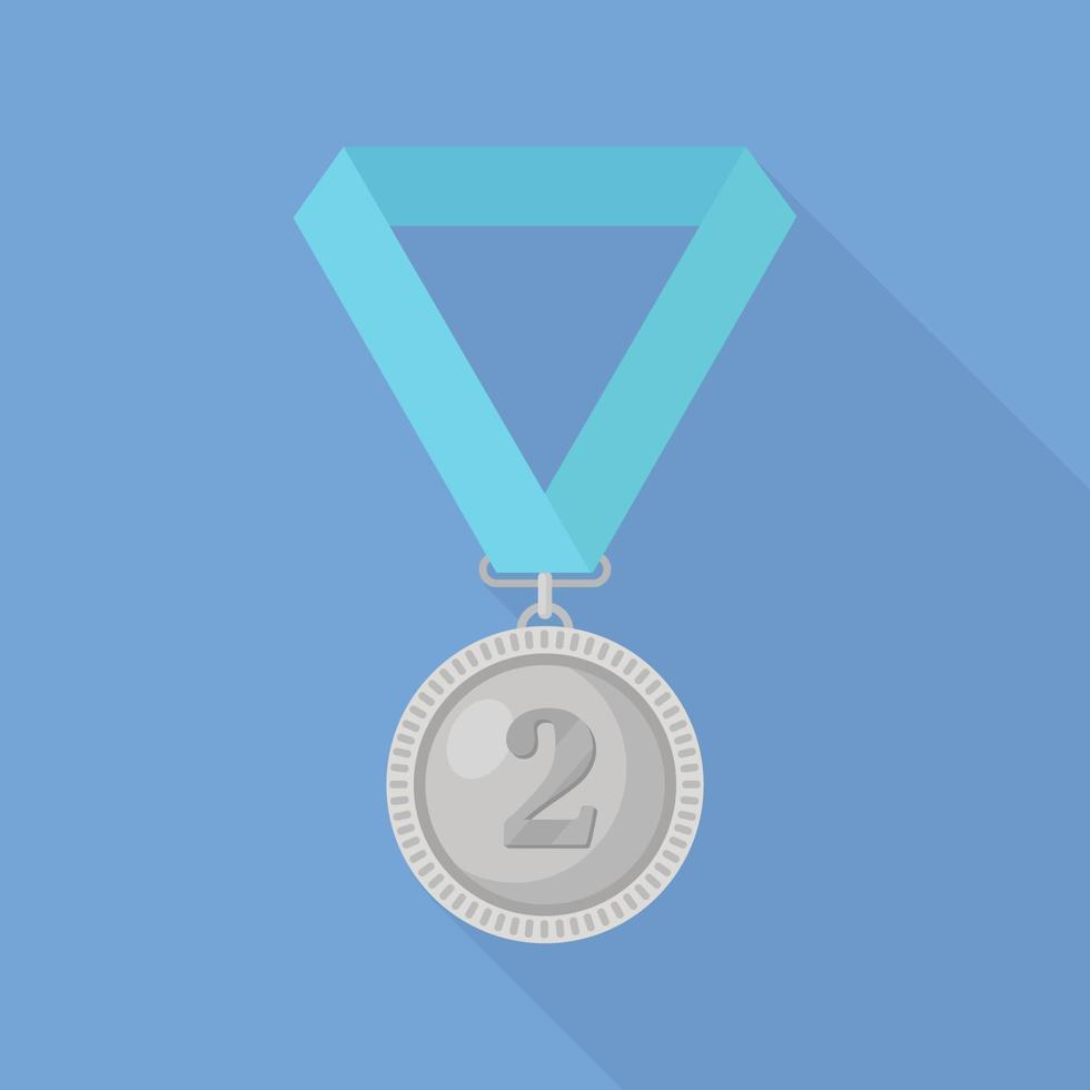 Silver medal with blue ribbon for second place. Trophy, winner award isolated on background. Badge icon. Sport, business achievement, victory concept. Vector flat design