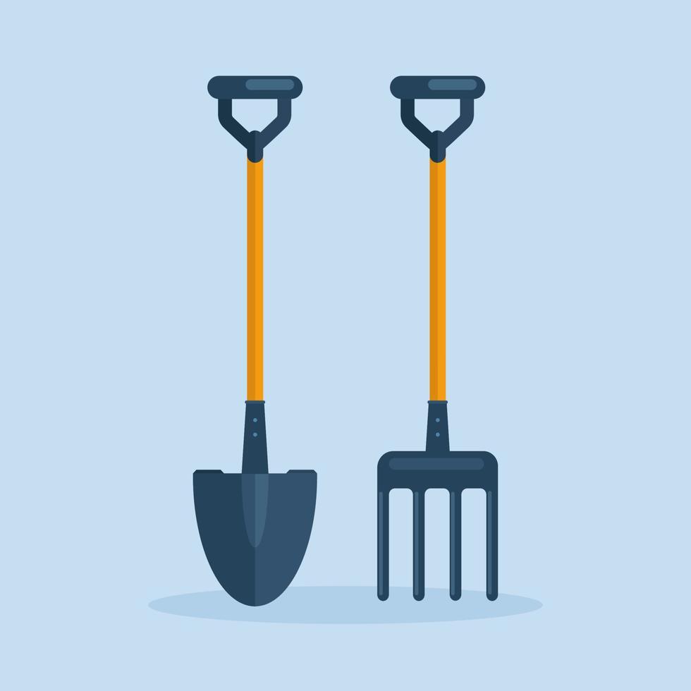 Shovel, spade, pitchfork, farm fork isolated on background. Garden tools, digging element, equipment for farmer. Spring work. Vector cartoon flat design