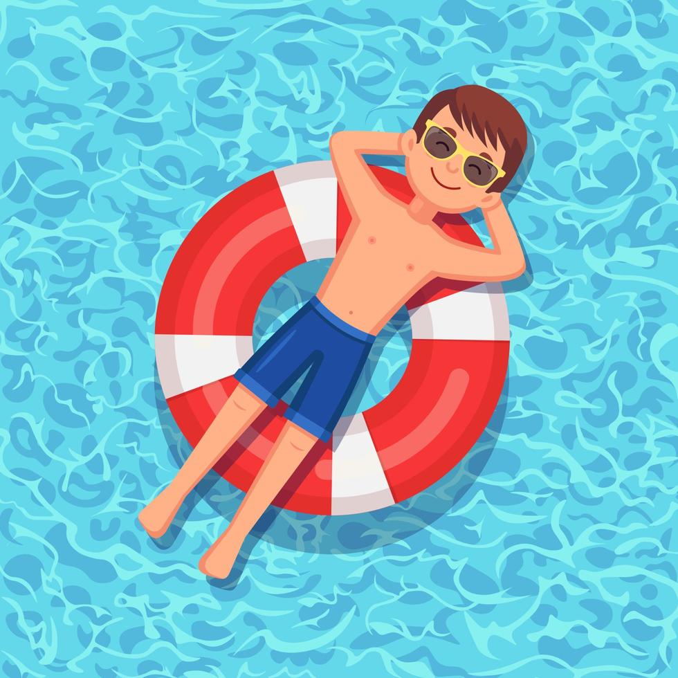 Smile man swims, tanning on air mattress, life buoy in swimming pool. Boy floating on beach toy, rubber ring. Inflatable circle on water. Summer holiday, vacation, travel time. Vector flat design