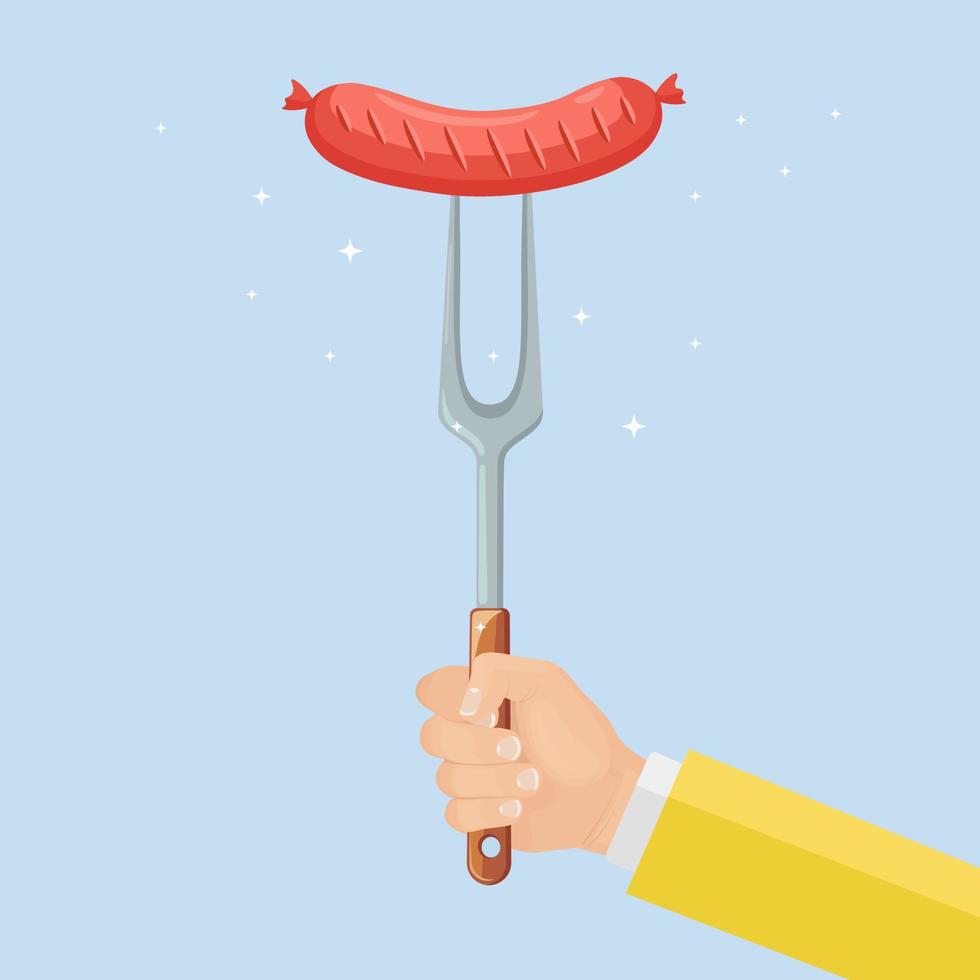 Grill hot sausage with fork in hand isolated on background. Bratwurst. Barbecue icon. BBQ picnic, family party. Cookout event concept. Vector illustration. Flat style design