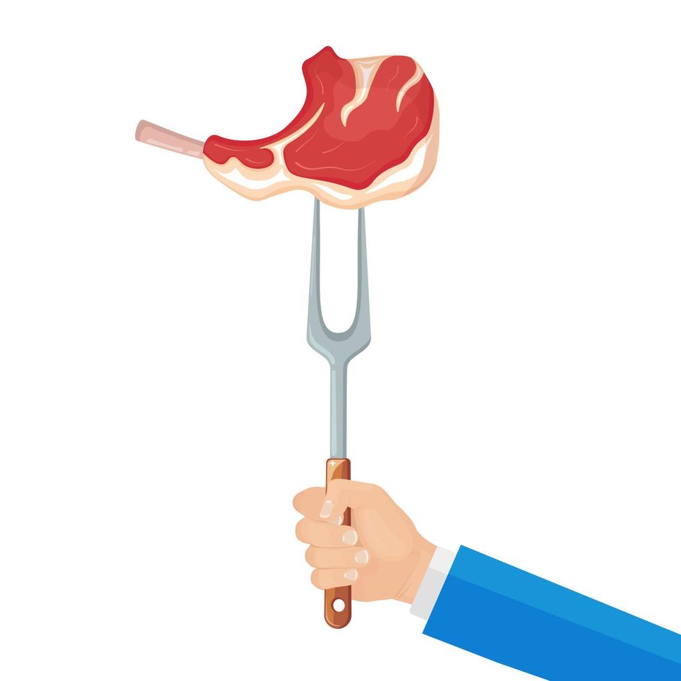 Hand hold fork with grill beef steak, ribs, hot fried meat isolated on white background. BBQ picnic, family party. Barbeque icon. Cookout event concept Vector flat design