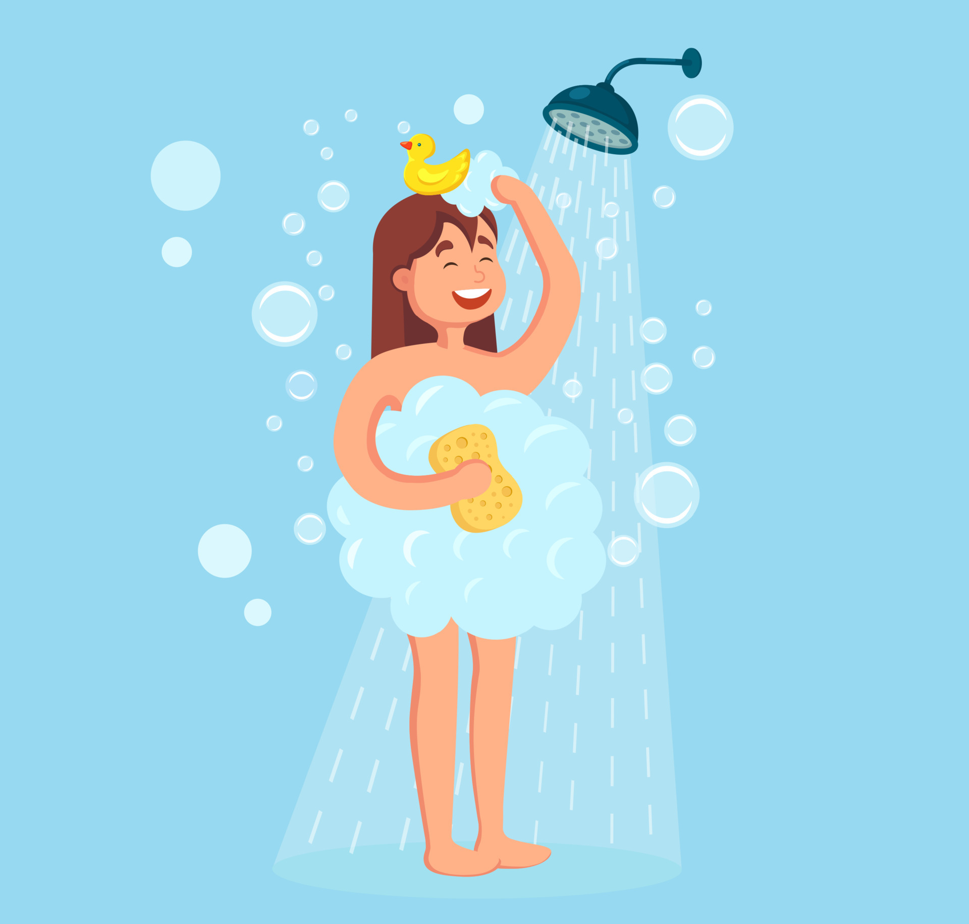 Happy woman taking shower with rubber duck in bathroom. Wash head, hair