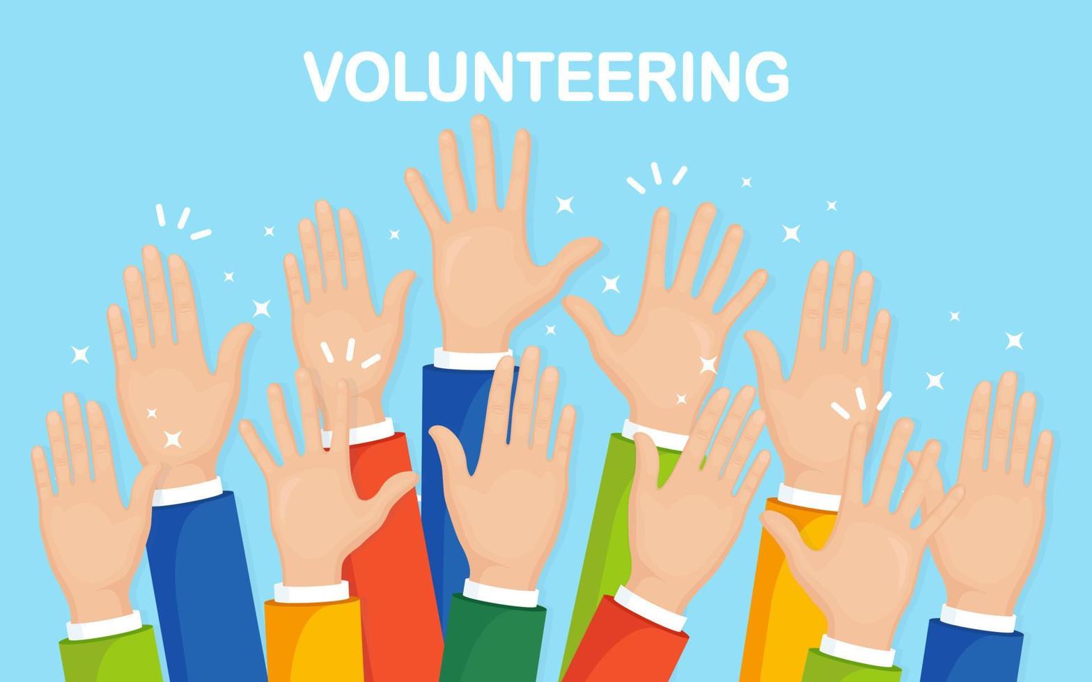 Raised hands isolated on background. Volunteering, charity, donate blood concept. Thank for care. Vote of crowd. Vector flat design