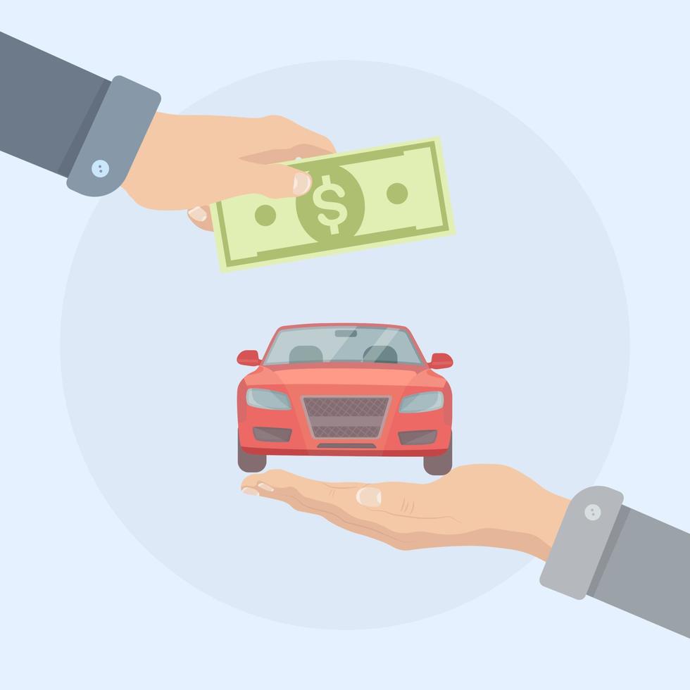 Hands hold money and car. Buying auto or idea of avtomobile service. vector