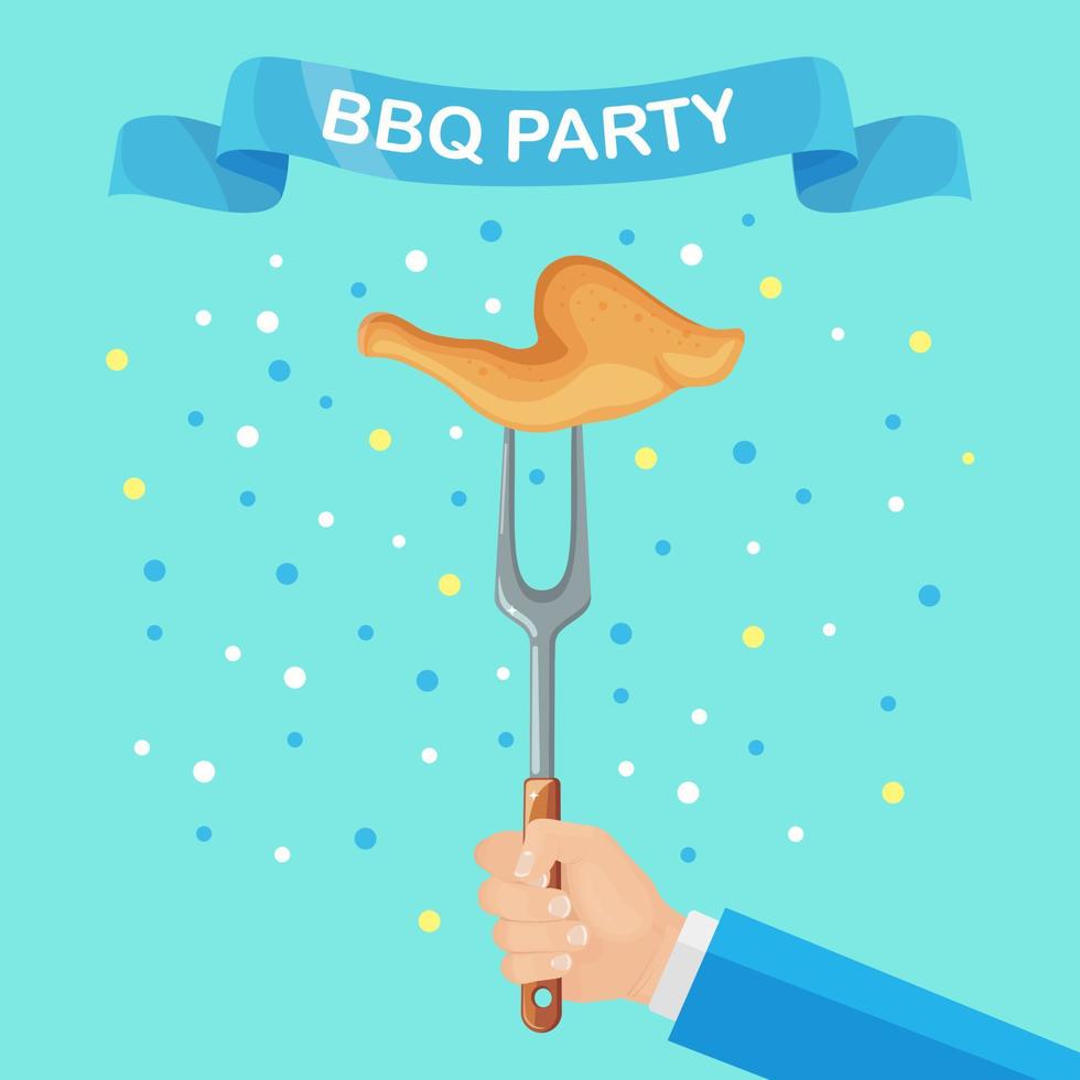 Grill hot chicken ham with fork in hand isolated on background. Fried meat. Barbecue icon. BBQ picnic, family party. Cookout event concept. Vector illustration. Flat style design