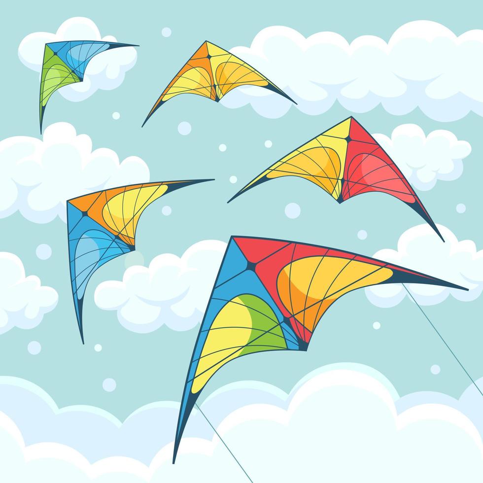 volando cometas de colores en el cielo con nubes aisladas en el fondo. Kite Surf. festival de verano, vacaciones, tiempo de vacaciones. concepto de kitesurf. ilustración vectorial diseño plano de dibujos animados vector