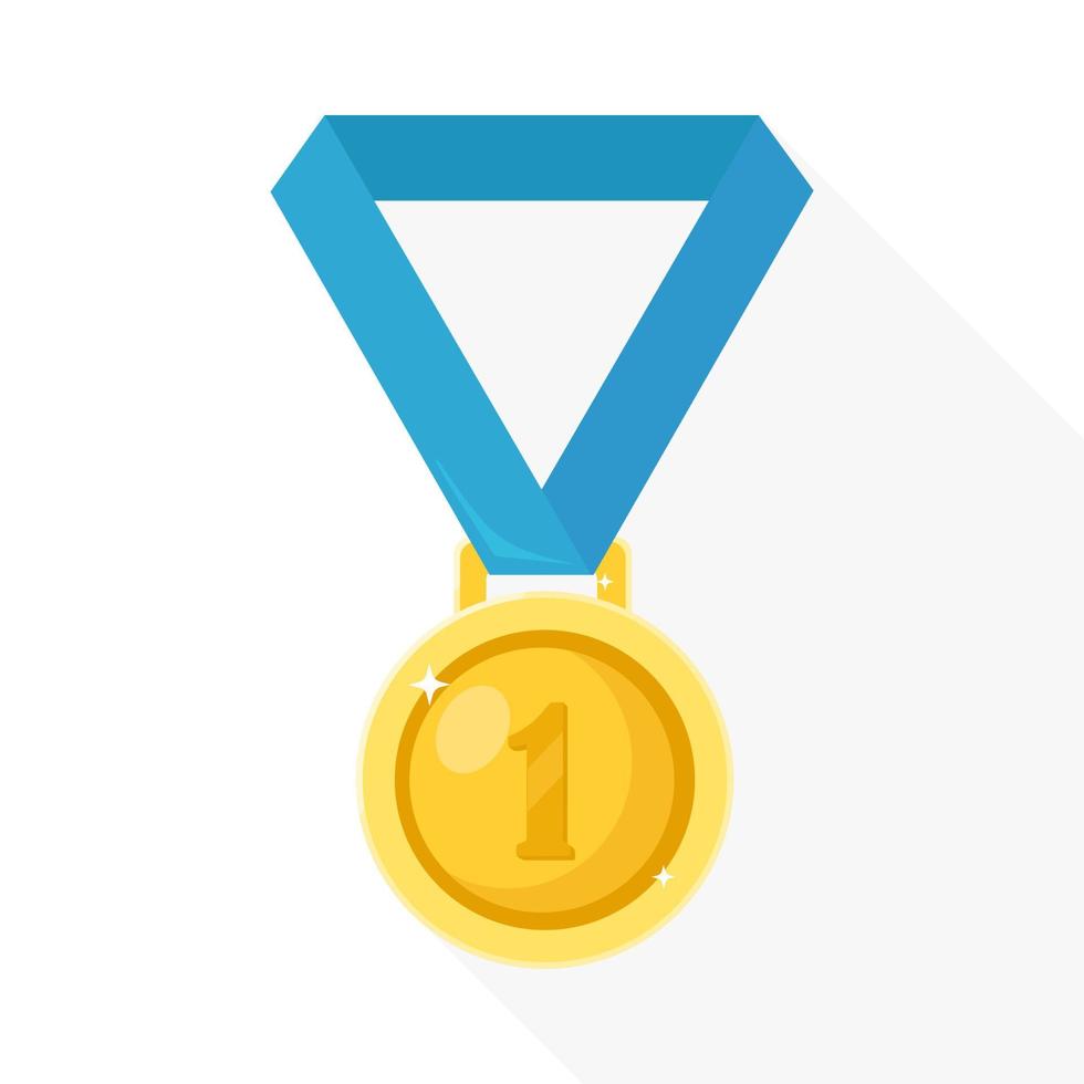 Gold medal with blue ribbon for first place. Trophy, winner award isolated on background. Golden badge icon. Sport, business achievement, victory concept. Vector illustration. Flat style design