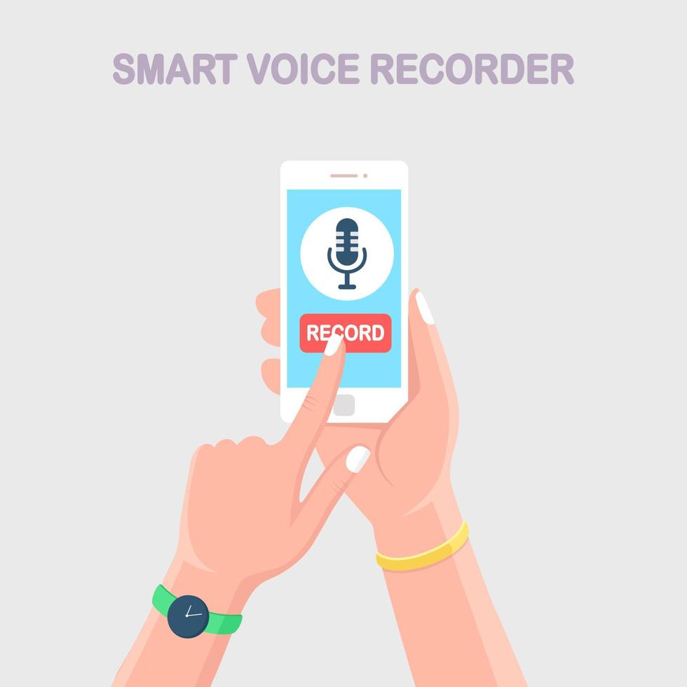 Speech voice recorder. Hand hold mobile phone with microphone sign isolated on background. Media equipment. Man records sound. Vector flat design