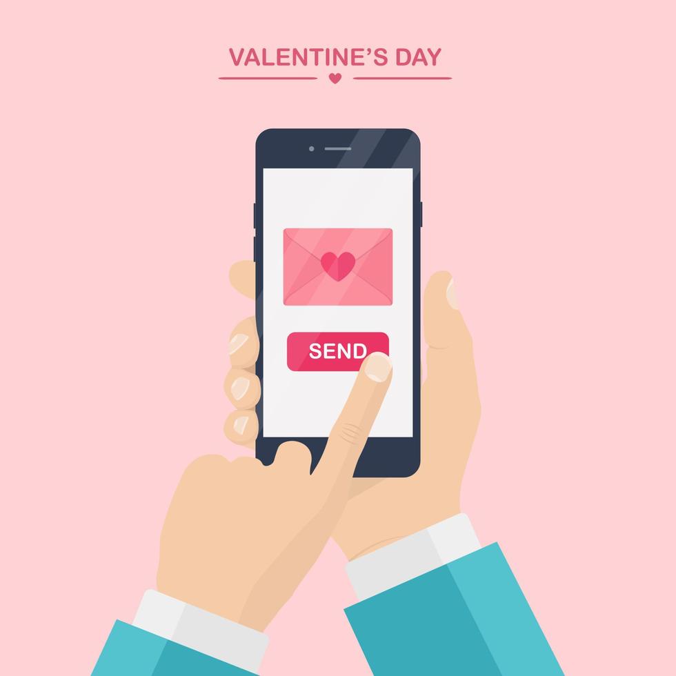 Valentine's day illustration. Send or receive love sms, letter, email with mobile phone. Human hand hold cellphone isolated on pink background. Envelope with red heart. Flat design, vector icon.