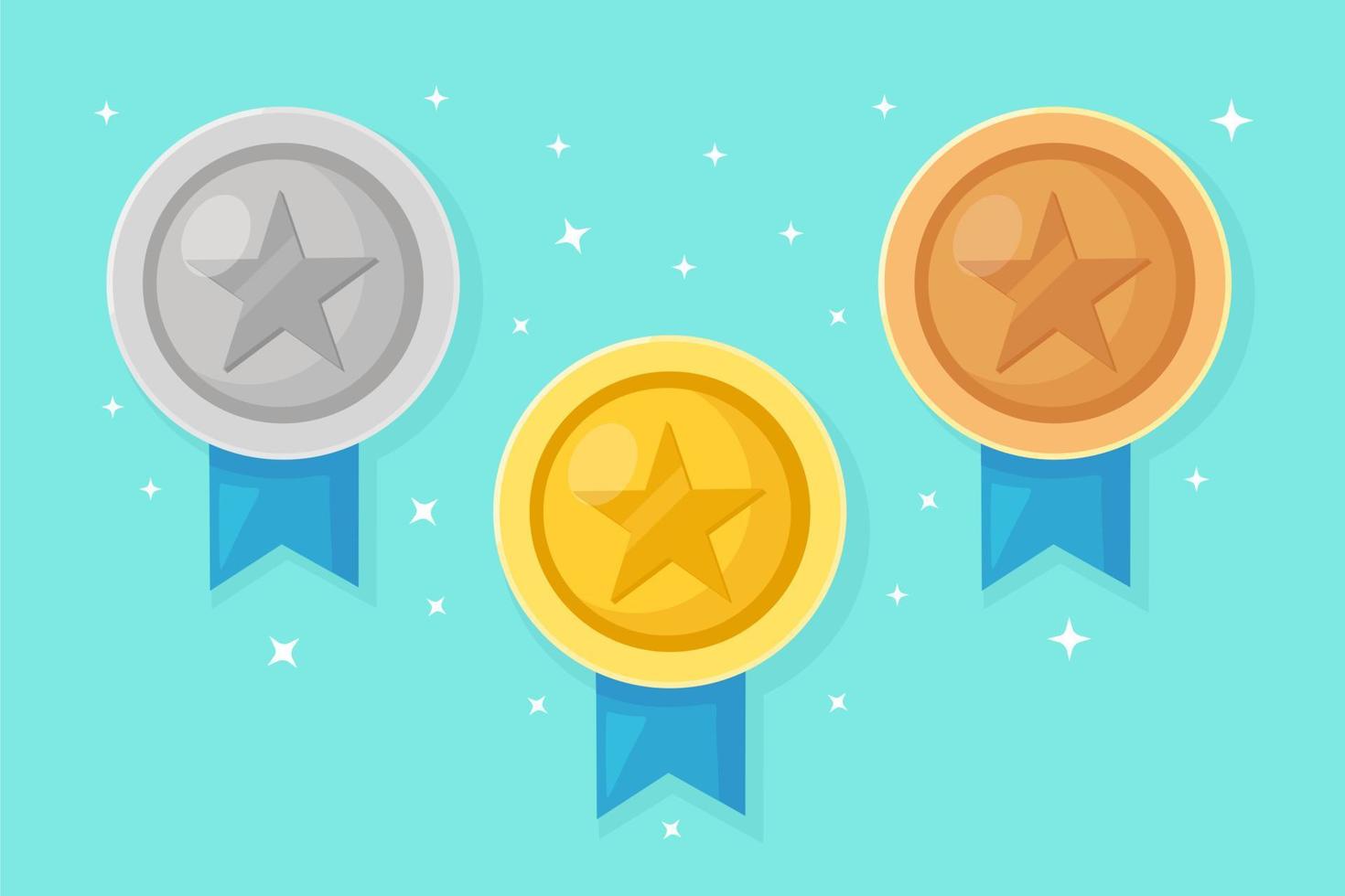 Set of gold, silver, bronze medal with star for first place. Trophy, award for winner isolated on blue background. Golden badge with ribbon. Achievement, victory concept. Vector cartoon flat design