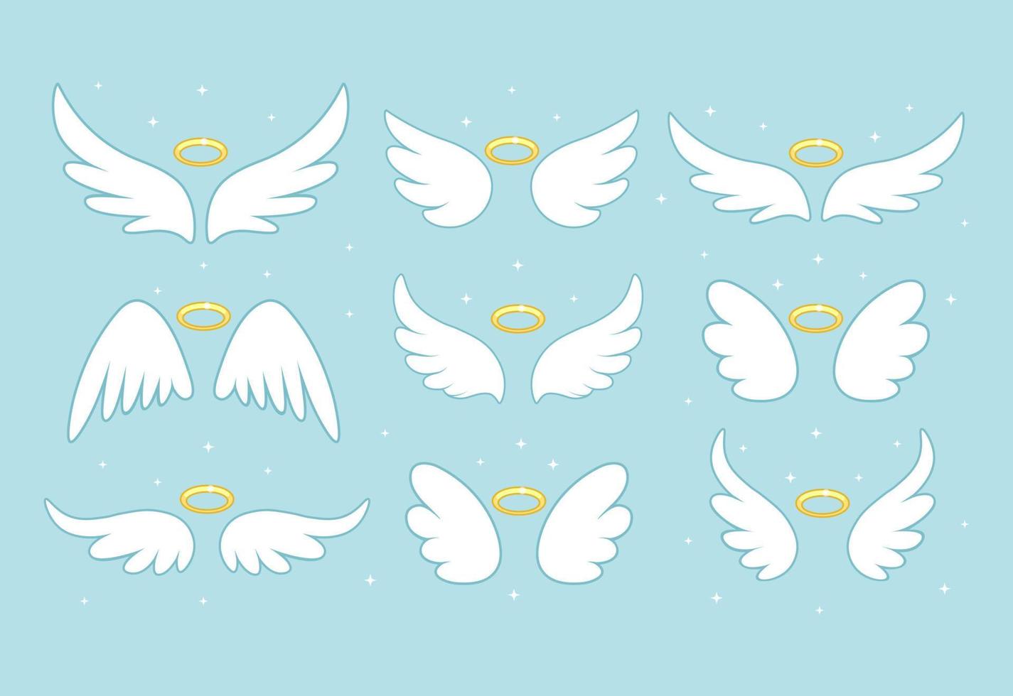 Sparkle angel fairy wings with gold nimbus, halo isolated on background. Vector cartoon design.