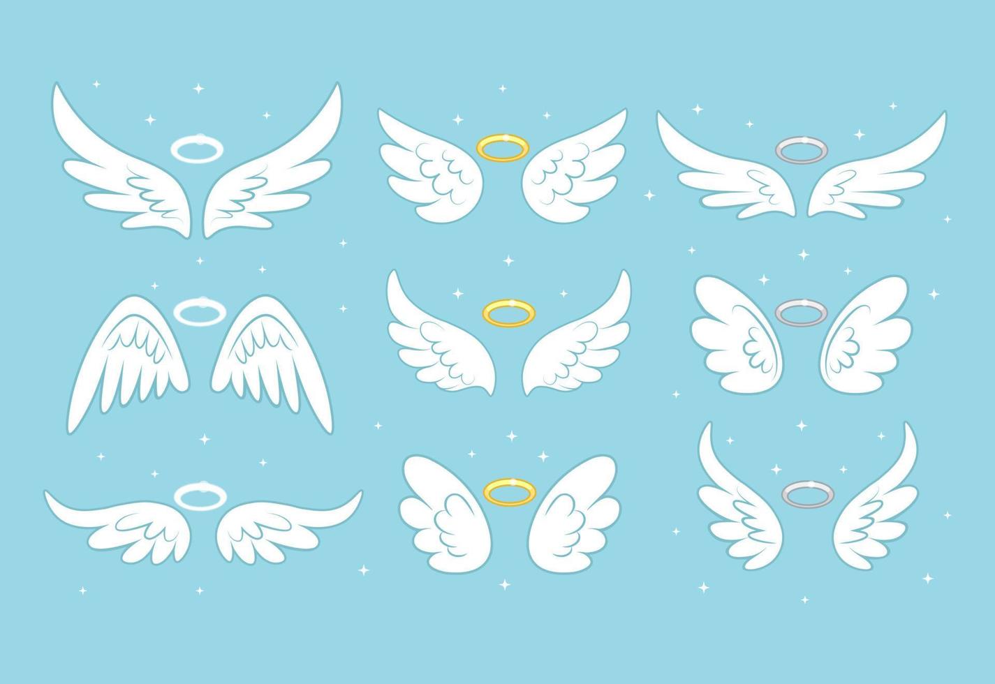 Sparkle angel fairy wings with gold nimbus, halo isolated on background. Vector cartoon design.