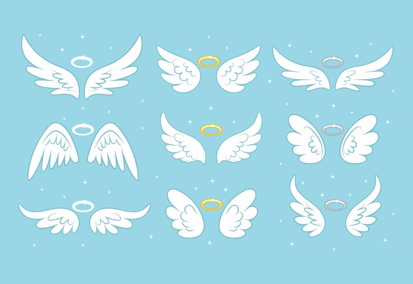 Sparkle angel fairy wings with gold nimbus, halo isolated on background. Vector cartoon design.