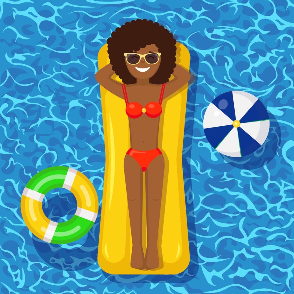 Smile girl swims, tanning on air mattress in swimming pool. Woman floating on toy isolated on water background. Inflatable circle. Summer holiday, vacation, travel time. Vector flat illustration