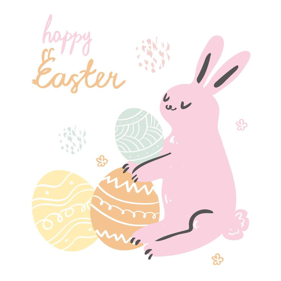 Modern pastel Easter greeting card with Easter bunny and eggs in hand drawn style vector