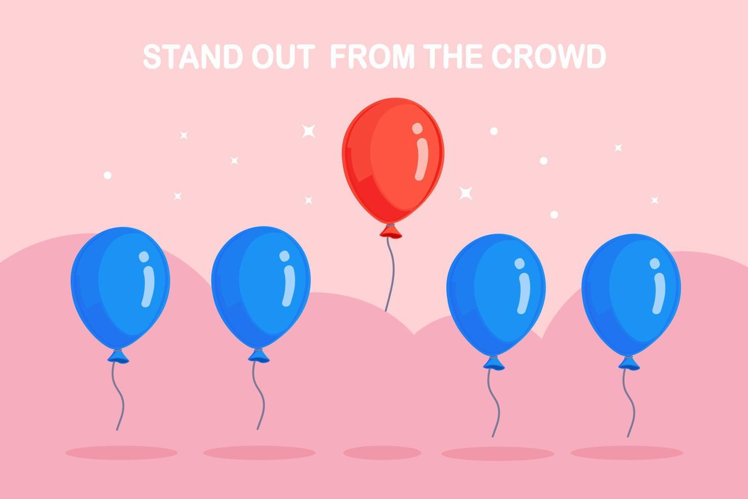 destacar entre la multitud. globos de aire volando, círculos y estrellas en el fondo. pensar diferente concepto. diseño plano vectorial vector