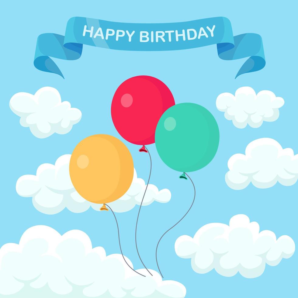 montón de globos de helio, bolas de aire volando en el cielo. feliz cumpleaños, concepto de vacaciones. decoración de fiesta diseño de dibujos animados de vectores