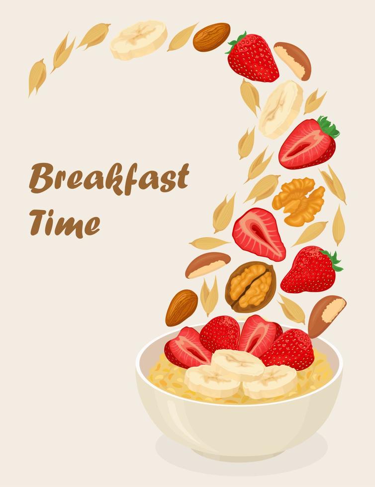 Porridge oats in bowl with bananas, berries, strawberry, nuts and cereals isolated on white background. Healthy breakfast vector