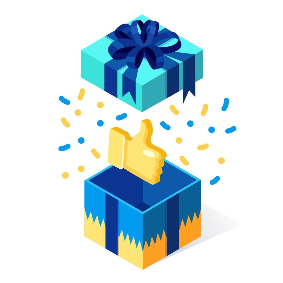 Opened gift box with thumbs up isolated on white background. 3d isometric package, surprise with confetti. Testimonials, feedback, customer review concept. Vector cartoon design