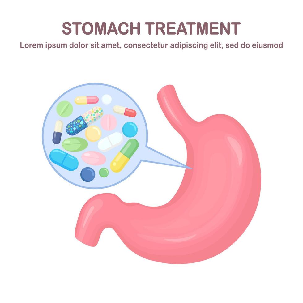 Stomach treatment. Pills, medicine, drugs and internal organ. Digestive system, tract. Painkiller, tablet, vitamine, pharmaceutical antibiotics. Medical background. Vector cartoon design