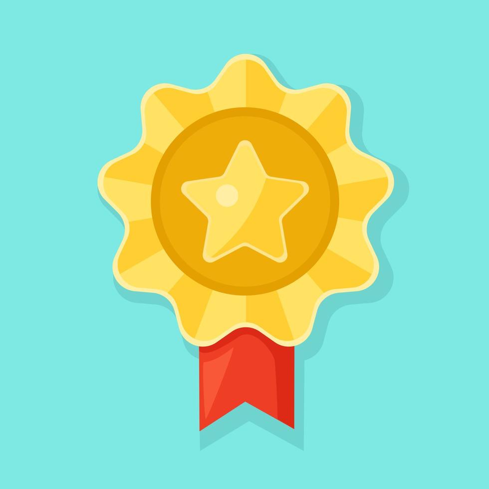Gold medal with red ribbon for first place. Trophy, winner award isolated on background. Golden badge icon. Sport, business achievement, victory concept. Vector illustration. Flat style design