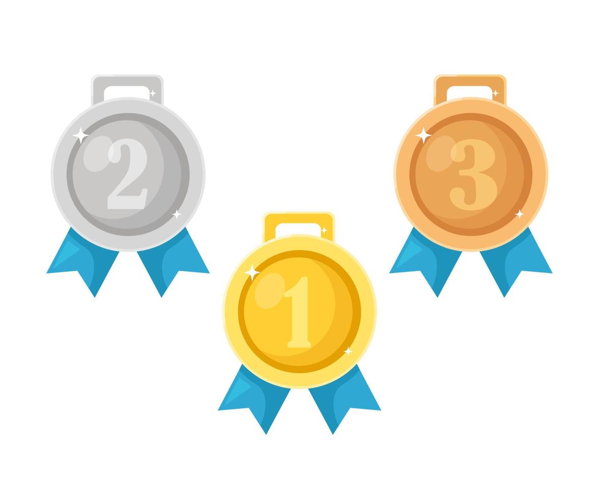 Gold, silver, bronze medal for first place. Trophy, award for winner  isolated on white background. Set of golden badge with ribbon. Achievement, victory. Vector cartoon illustration Flat design