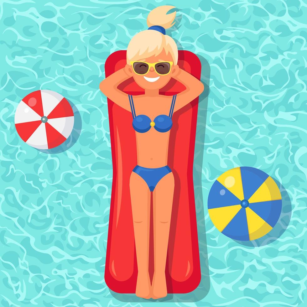 Smile girl swims, tanning on air mattress in swimming pool. Woman floating on toy isolated on water background. Inflatable circle. Summer holiday, vacation, travel time. Vector flat illustration