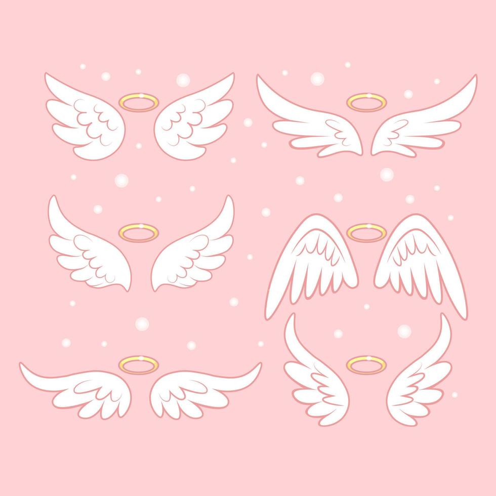 Sparkle angel fairy wings with gold nimbus, halo isolated on background. Vector cartoon design.