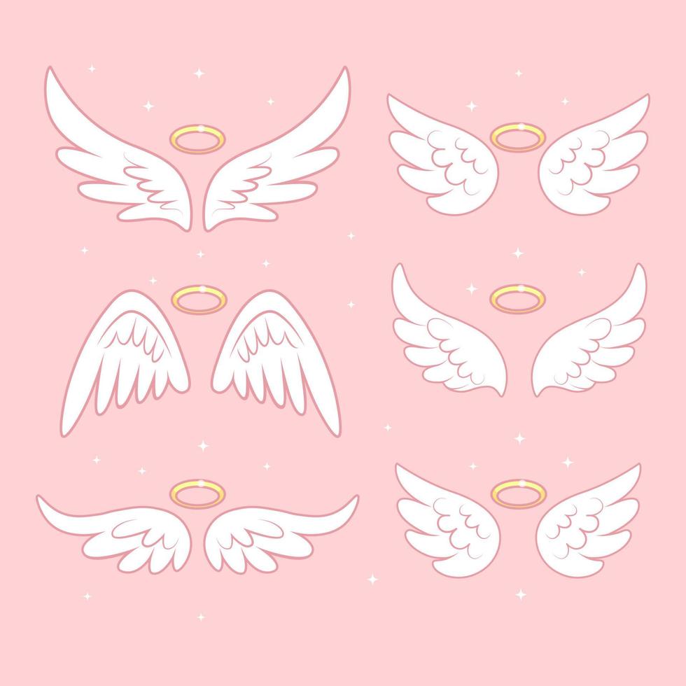 Sparkle angel fairy wings with gold nimbus, halo isolated on background. Vector cartoon design.