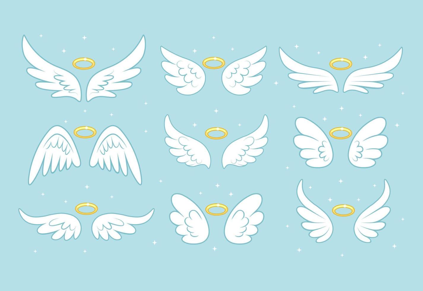 Sparkle angel fairy wings with gold nimbus, halo isolated on background. Vector cartoon design.