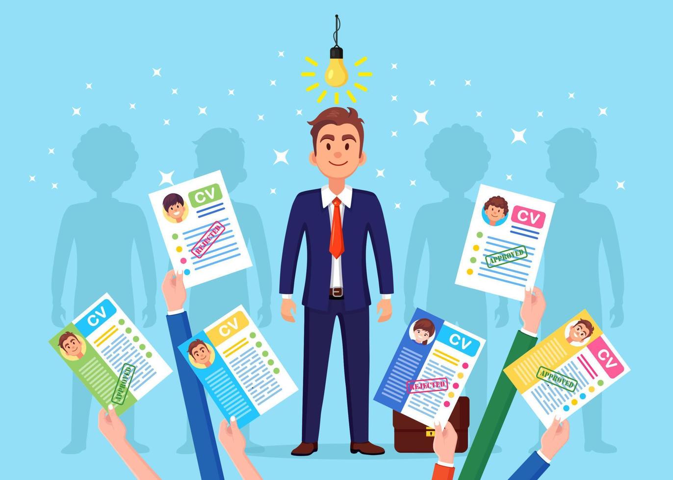 CV business resume in hand isolated on background. Surprised happy man