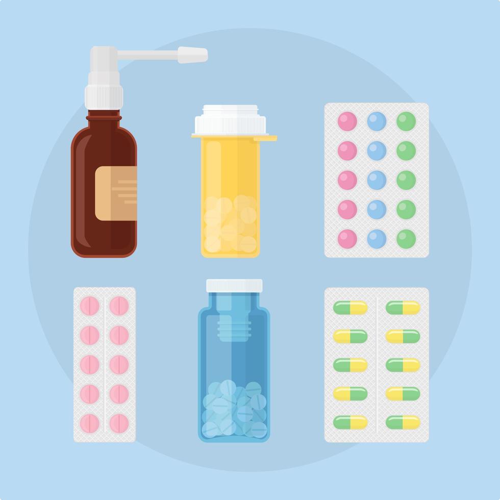 Different medical pills and bottles. Pharmacy store vector