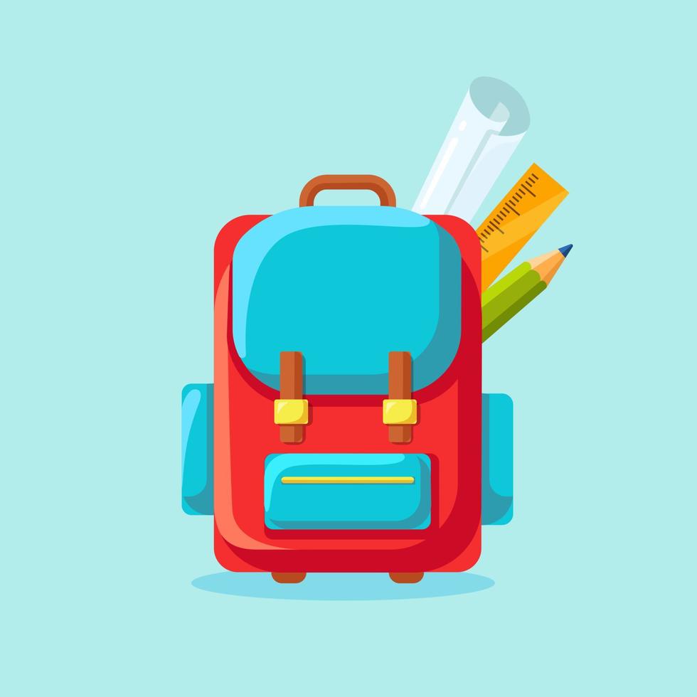 School backpack icon. Kids rucksack, knapsack isolated on white background. Bag with supplies, ruler, pencil, paper. Pupil satchel. Children education, back to school concept. Vector flat illustration