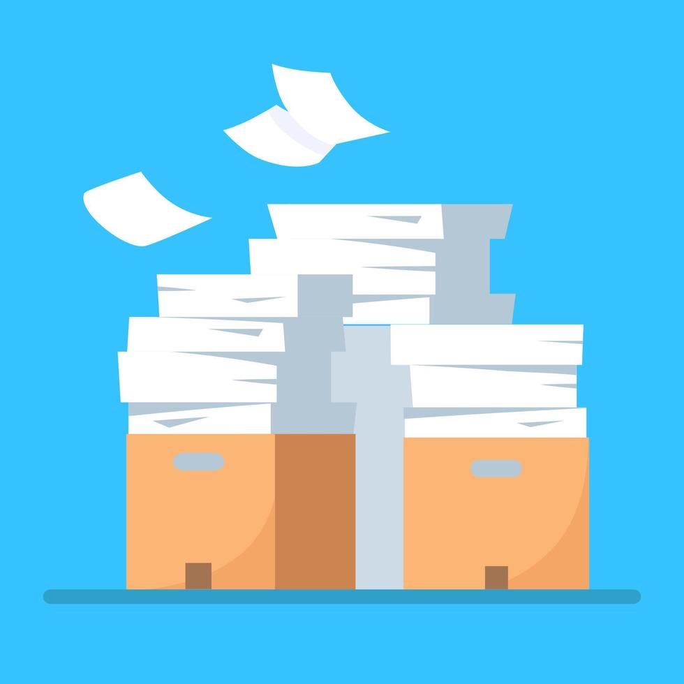 Pile of paper, document stack with carton, cardboard box, folder. Paperwork. Bureaucracy concept. Vector cartoon design