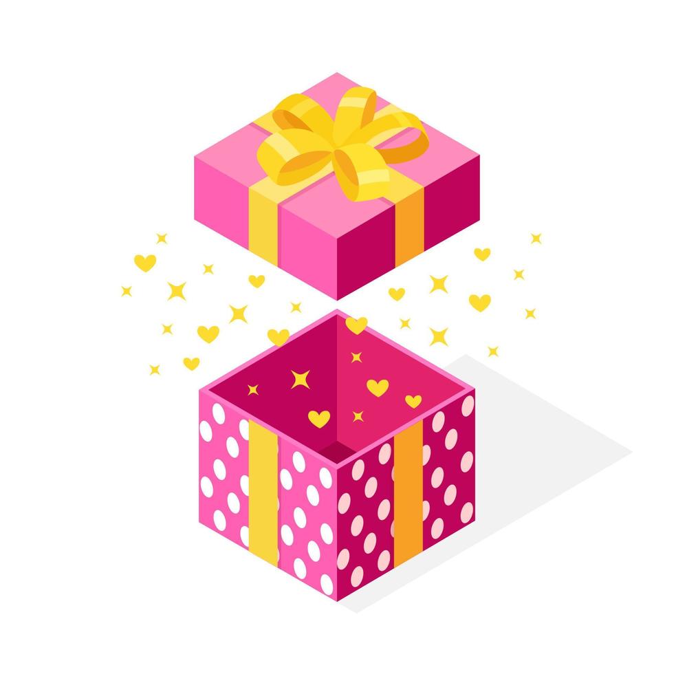 3d isometric gift box with bow, ribbon isolated on white background. Open package with shiny confetti. Vector cartoon design