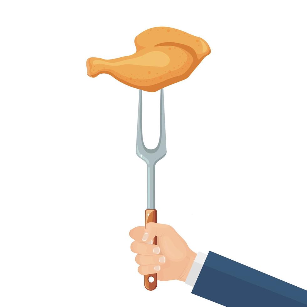 jamón de pollo caliente a la parrilla con un tenedor en la mano aislado en el fondo. carne frita. icono de barbacoa. picnic barbacoa, fiesta familiar. concepto de evento de comida al aire libre. ilustración vectorial diseño de estilo plano vector