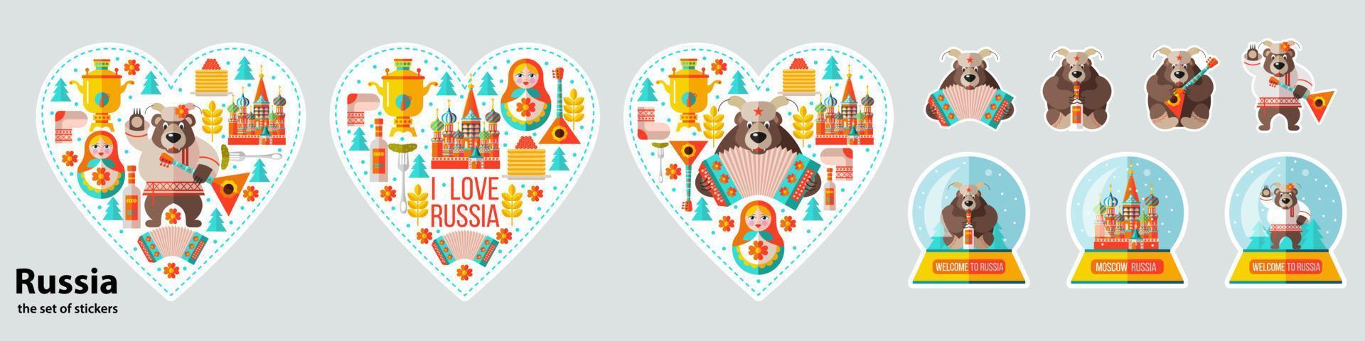 A set of vector stickers Russia. Collection of design elements. Russian souvenirs.