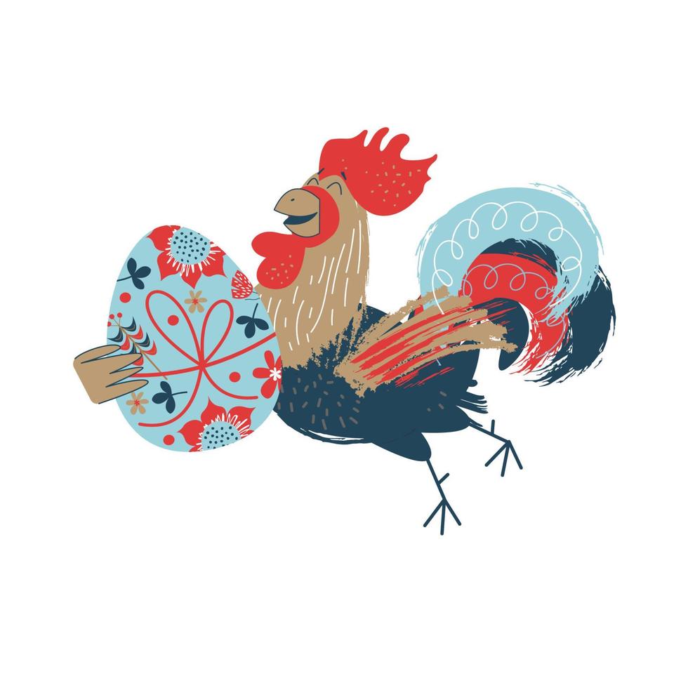 happy Easter. Colorful Easter illustration congratulations on Easter. A cheerful rooster with painted Easter egg. vector