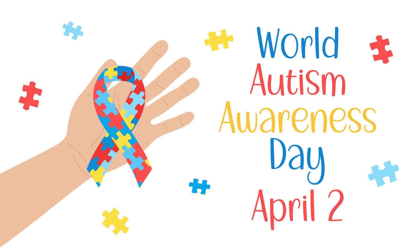 Día Mundial del Autismo. mano que sostiene la cinta de conciencia con rompecabezas y texto. cartel vectorial, pancarta. 2 de abril día del autismo. ilustración plana vectorial vector
