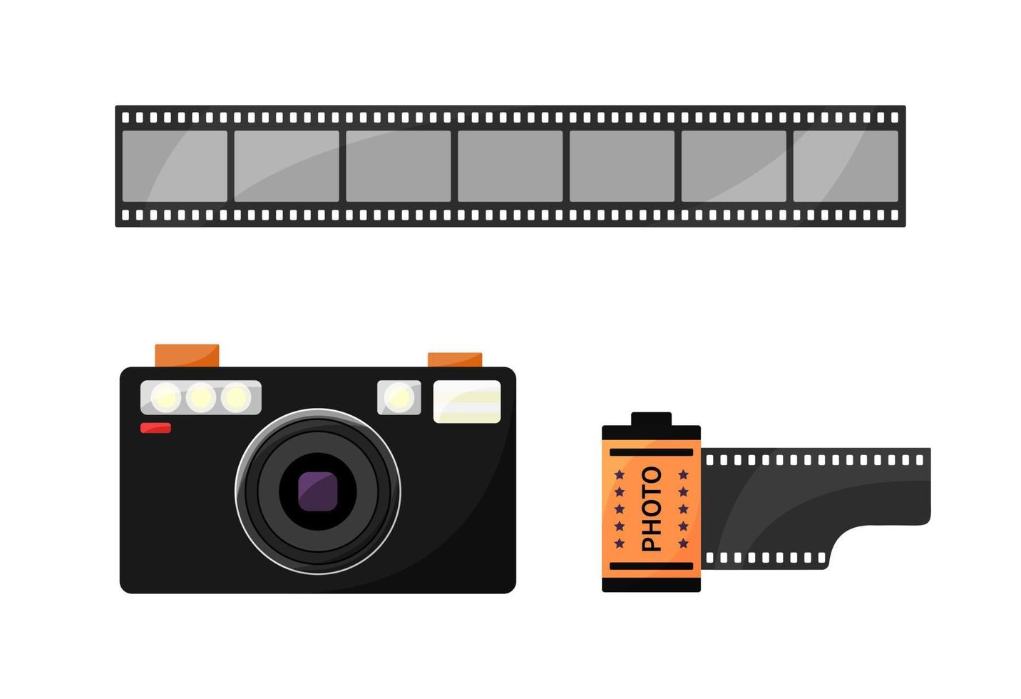 90s photo camera, film roll and filmstrip isolated. Retro camera of photographer. Set of photo equipment from 1980s and 1990s. Vector flat illustration