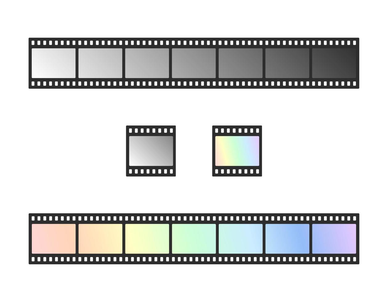 conjunto de vectores de tira de película. tira de película de cine, marco de fotos aislado sobre fondo blanco. película negativa en blanco. Borde deslizante de 35 mm. ilustración plana vectorial