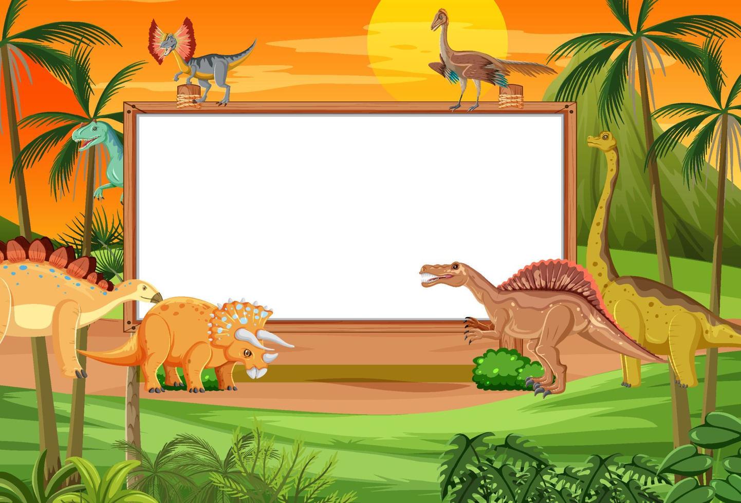 Nature scene with trees on mountains with sign board and dinosaur vector