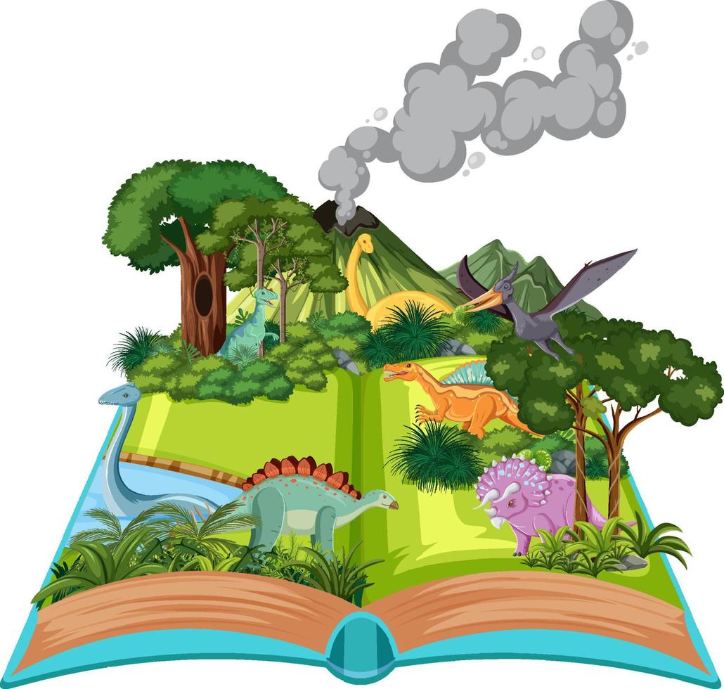 libro emergente con escena de la naturaleza al aire libre y dinosaurio vector